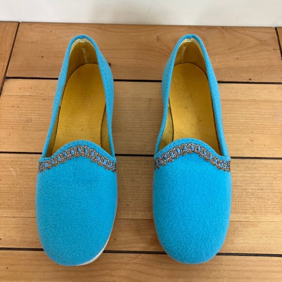 Leisure Treads Blue Felt Slippers Women's Vintage House Shoes White Rubber Soles - Picture 3 of 7